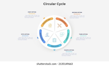 Diagrama circular de papel blanco dividido en cinco sectores. Concepto de 5 partes del servicio prestado por la empresa. Simple ilustración vectorial plana para visualización de datos de proyectos, análisis de negocios.