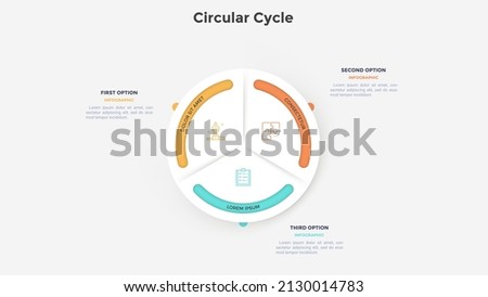 Circular paper white pie diagram divided into three sectors. Concept of 3 parts of service provided by company. Simple flat vector illustration for project data visualization, business analytics.