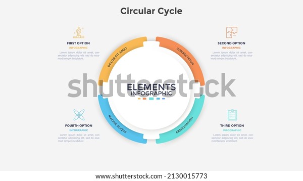 Circular paper white pie diagram divided\
into 4 parts. Concept of four options of startup project\
development strategy. Simple flat infographic vector illustration\
for business data\
visualization.