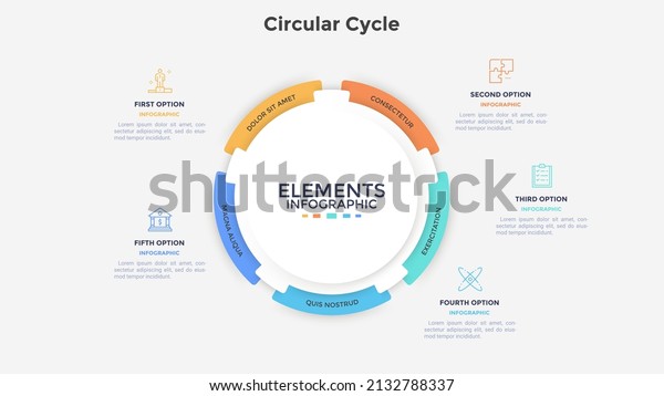 Circular paper white pie diagram divided\
into 5 parts. Concept of five options of startup project\
development strategy. Simple flat infographic vector illustration\
for business data\
visualization.