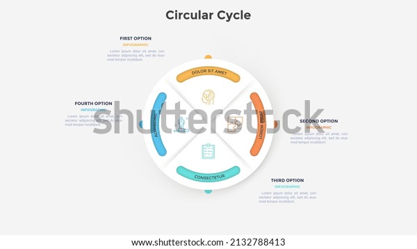 Circular paper white pie diagram divided into\
four sectors. Concept of 4 parts of service provided by company.\
Simple flat vector illustration for project data visualization,\
business analytics.