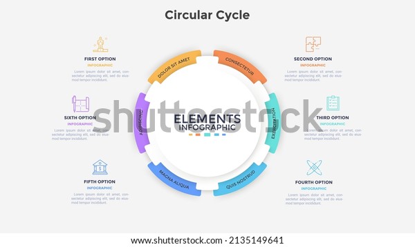 Circular paper white pie diagram divided\
into 6 parts. Concept of six options of startup project development\
strategy. Simple flat infographic vector illustration for business\
data visualization.