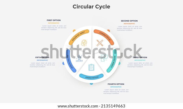 Circular paper white pie diagram divided into\
five sectors. Concept of 5 parts of service provided by company.\
Simple flat vector illustration for project data visualization,\
business analytics.