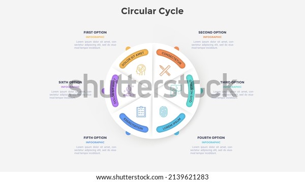 Circular paper white pie diagram divided into\
six sectors. Concept of 6 parts of service provided by company.\
Simple flat vector illustration for project data visualization,\
business analytics.