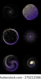 Zirkuläre Teilchenbewegungskugeln mit leuchtenden violetten und gelben Farbverläufen auf Schwarz. Konzept von generativem Systemdesign, Computerästhetik und KI-inspirierter Datenbewegung.