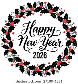 Circular party wreath design containing bold 2026 numbers and Happy New Year text decorated with confetti, streamers and party poppers silhouette.