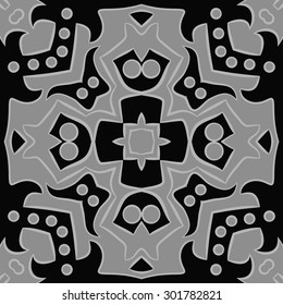 Circular  pattern of abstract floral  motif, stripes, ellipses, spots, star, cross. Hand drawn.
