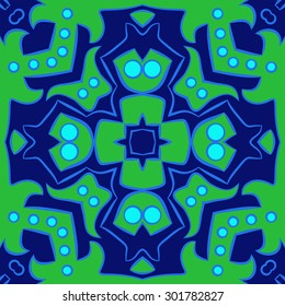 Circular  pattern of abstract floral  motif, stripes, ellipses, spots, star, cross. Hand drawn.