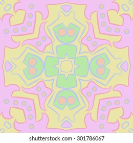 Circular  pattern of abstract floral motif, stripes, ellipses, spots, star, cross. Hand drawn.