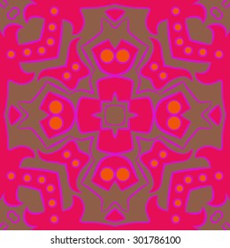 Circular  pattern of abstract floral motif, stripes, ellipses, spots, star, cross. Hand drawn.