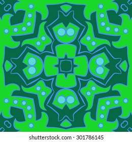 Circular  pattern of abstract floral motif, stripes, ellipses, spots, star, cross. Hand drawn.