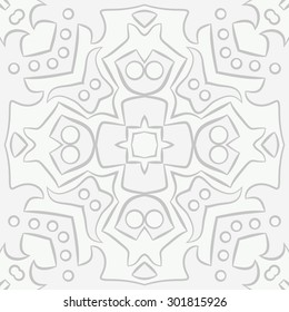 Circular pattern of abstract floral motif, stripes, ellipses, spots, star, cross. Hand drawn.