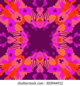 Circular   pattern of abstract floral motif,stripes, hole, spots, copy space. Hand drawn.