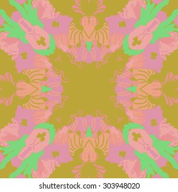 Circular   pattern of abstract floral motif,stripes, hole, spots, copy space. Hand drawn.