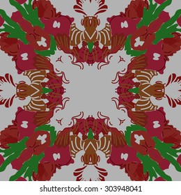 Circular   pattern of abstract floral motif,stripes, hole, spots, copy space. Hand drawn.