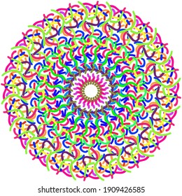 A circular pattern of abstract intertwining colored elements on a white background for the cover.