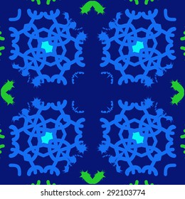 Circular pattern of abstract motif, spots, snowflakes, hole, stars, copy space. Hand drawn. Winter theme.