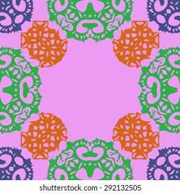 Circular pattern of abstract motif, spots,  hole, spirals, waves, copy space. Hand drawn. 