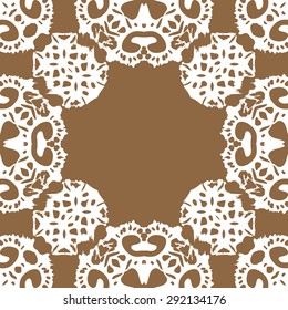 Circular pattern of abstract motif, spots,  hole, spirals, waves, copy space. Hand drawn. 