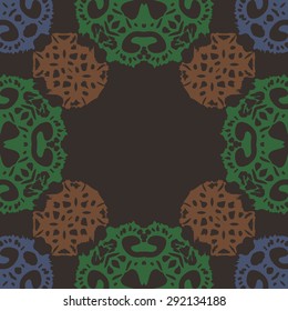 Circular pattern of abstract motif, spots,  hole, spirals, waves, copy space. Hand drawn. 