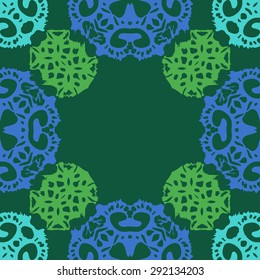 Circular pattern of abstract motif, spots,  hole, spirals, waves, copy space. Hand drawn. 