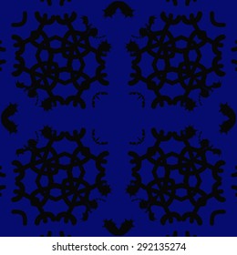 Circular pattern of abstract motif, spots, snowflakes, hole, stars, copy space. Hand drawn. Winter theme.
