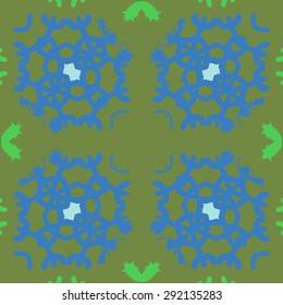 Circular pattern of abstract motif, spots, snowflakes, hole, stars, copy space. Hand drawn. Winter theme.