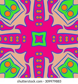 Circular   pattern of abstract motif, spots, stripes, ellipses, cross, stars. Hand drawn.