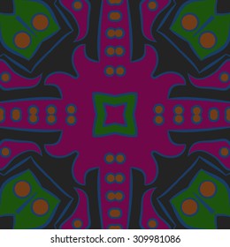 Circular   pattern of abstract motif, spots, stripes, ellipses, cross, stars. Hand drawn.