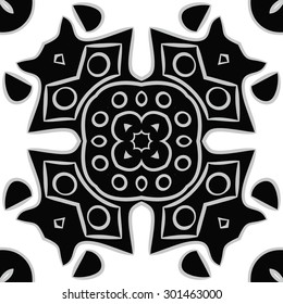 Circular  pattern of abstract motif, stripes, ellipses, spots, star. Hand drawn.