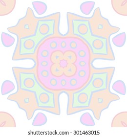 Circular  pattern of abstract motif, stripes, ellipses, spots, star. Hand drawn.