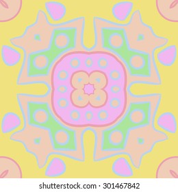 Circular  pattern of abstract  motif, stripes, ellipses, spots, star. Hand drawn.
