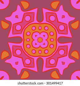 Circular  pattern of abstract  motif, stripes, ellipses, spots, star. Hand drawn.