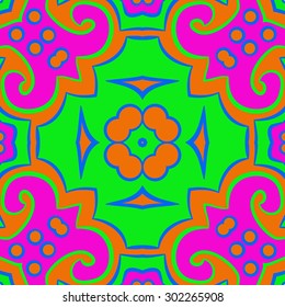 Circular  pattern of abstract  motif, stripes, ellipses, spots, spirals, stars. Hand drawn.