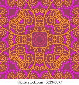 Circular  pattern of abstract  motif, stripes, ellipses, spots, spirals, . Hand drawn.