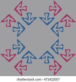 Circular pattern with arrows , doodles,  object, sign, symbol, hole, spots, copy space. Hand drawn.