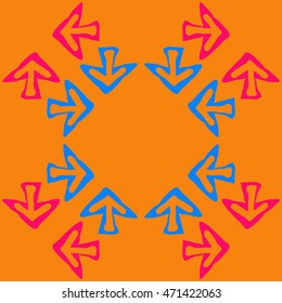 Circular pattern with arrows , doodles,  object, sign, symbol, hole, spots, copy space. Hand drawn.