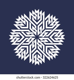 Circular pattern in Asian intersecting lines style. Eight pointed mandala in snowflakes form on dark background.
