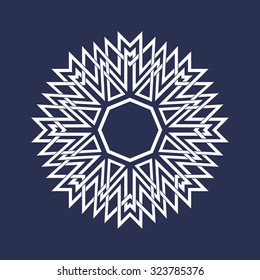 Circular pattern in Asian intersecting lines style. Eight pointed mandala in snowflake form on dark background.