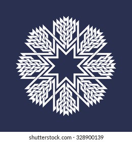 Circular pattern in Asian intersecting lines style. White eight pointed mandala in snowflake form on blue background.
