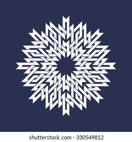 Circular pattern in Asian intersecting lines style. White eight pointed mandala in snowflake form on blue background.