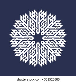 Circular pattern in Asian intersecting lines style. White eight pointed mandala in snowflake form on blue background.