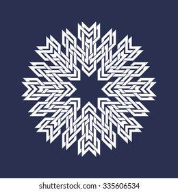 Circular pattern in Asian intersecting lines style. White eight pointed mandala in snowflake form on blue background.