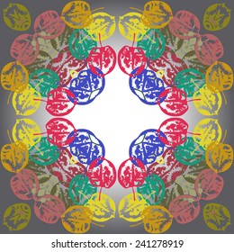 Circular pattern of autumn theme with colored leaves on a gradient gray background.