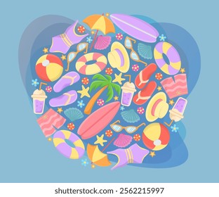 Circular pattern with beach holiday elements vector illustration. Collection of cartoon drawings of surfboards, clothes, rubber balls and rings, drinks. Summer, vacation concept