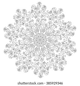 Circular pattern with birds and flowers in Doodle style