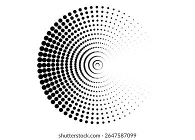 A circular pattern of black dots of varying sizes is arranged in a spiral formation.