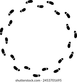 Circular pattern of black shoeprints on a transparent background.