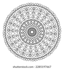 Patrón circular contorno de mandala ornamental floral en blanco y negro para páginas adultas de color