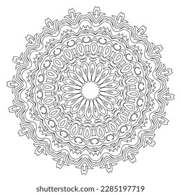 Circular pattern black and white floral ornamental mandala outline for adult coloring pages